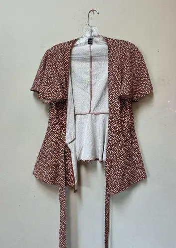 Women’s Red Brown Geometric Print Short Sleeve Tie Wrap Blouse Size Small