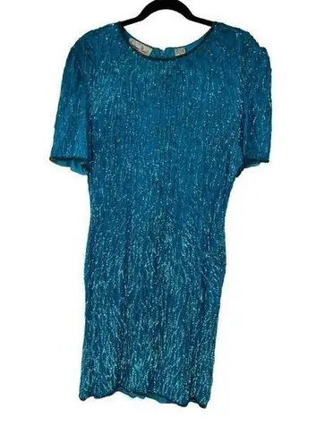 Laurence Kazar Vintage 80s Turquoise Sequin Shiny 100% Silk Dress