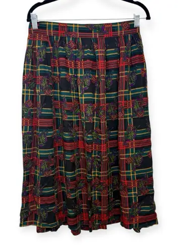 Vintage Lee David Floral Plaid Midi Skirt Holiday Tartan Dark Academia 14 Red