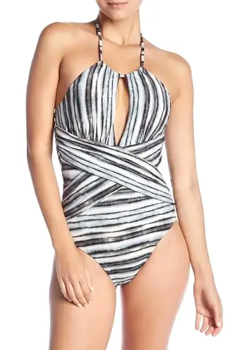 La Blanca NWT High Neck Tummy Control One Piece Swimsuit Burch Gray Ivory Size 6