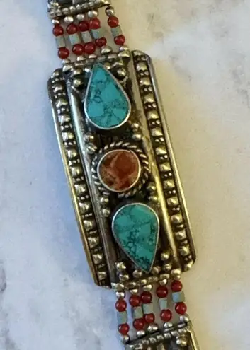 Vintage Native American Silver Hand Made Turquoise Coral Beaded Bracelet RARE Blue