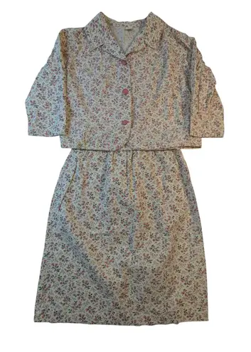 Homemade Floral Jacket Skirt Set – Women's S Pink Button Front Cotton Rayon White Size 16