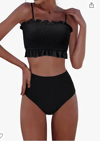 Shirred Bandeau Bikini Swimsuit Black