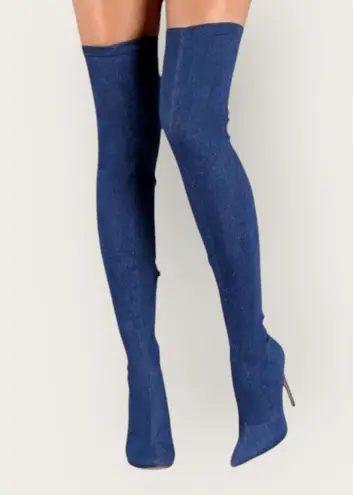 Liliana Womens Blue Denim Thigh High Stretch Stilettos Heels Zip Boots Size 10