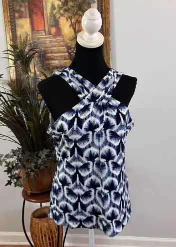 WHBM Women M Criss Cross Halter Top Tie Dyed Blue Pullover Beach Wear Lagen Look Size M