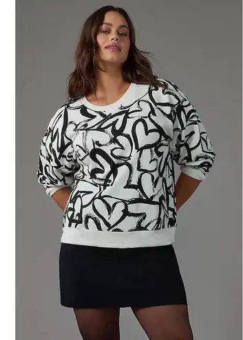 Maeve by Anthropologie Graphic Heart Print Sweatshirt White Black XS