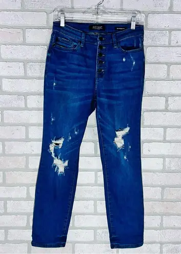 Judy Blue Button Fly Distressed Boyfriend Jeans - Dark Blue Size 7/28