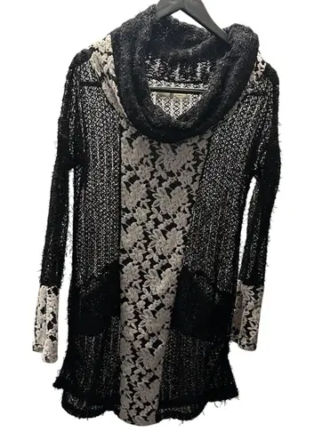 A'reve Cowlneck Sweater Black Cream Lace Tunic Medium Romantic Boho Whimsygoth