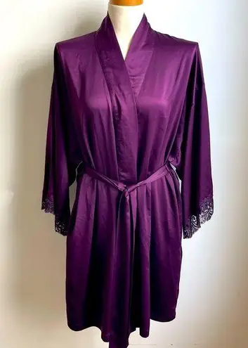 Natori Women's Purple Satin Kimono Robe w Lace Cuffs Belted Knee Length Large
