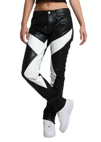 MNML Women's Black & White Leather Paneled Zipper Pants Size 34