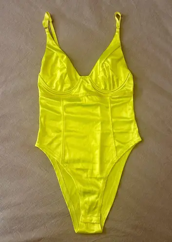 Neon Yellow Satin Bodysuit, size S