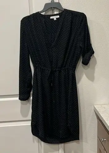 Larry Levine black with white polka dots drawstring waist lined dress. EUC.