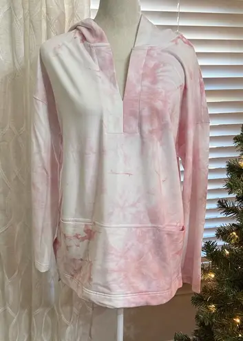 MELLODAY Tie Dye Hoodie Long Sleeve V Neck Pullover Pink White pockets XL