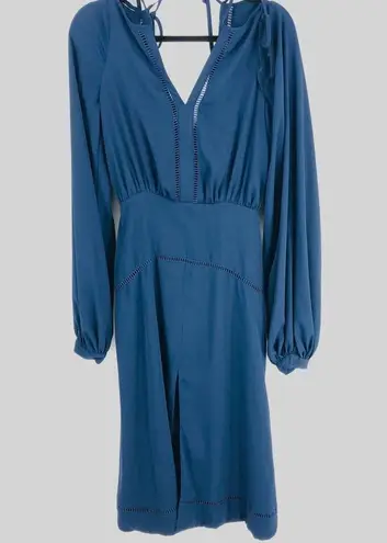 Fame and Partners Navy Hanne Midi Dress Bishop Balloon Sleeves Low V-Back Size 2