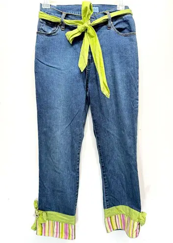 Denim Tailor Embellished Ankle Jeans Green Striped Cuffs Rhinestone Buckles Bows Blue Size 6