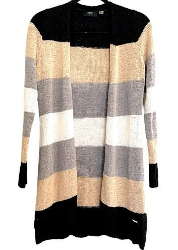 T Tahari Womens S Cozy Cardigan Sweater Open Gray Black Tan Striped Office Work