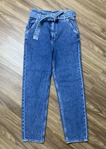 H&M Divided Size 2 Paper Bag Jeans High Rise Tapered Leg Self Tie Ridged Women’s Blue
