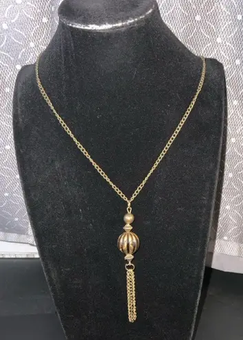 Bronze tone ball and tassel necklace 22” chain 4” pendant Edwardian Renaissance Gold