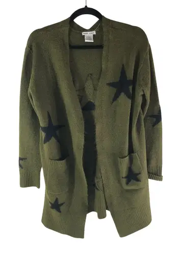Sweet Romeo Olive Green Star Print Open Front Cardigan Sweater With Pockets L