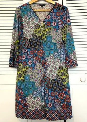 MSK Multicolor Mixed Print Shift Dress Midi Length Long Sleeve XL Blue