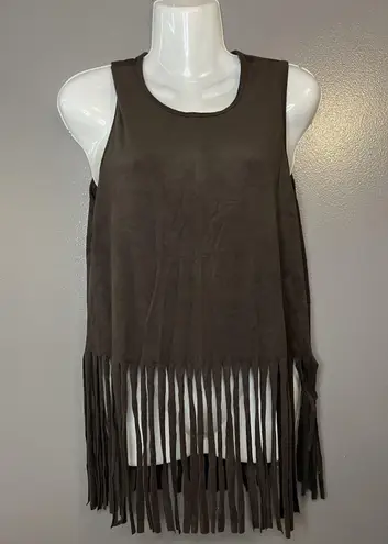 Marianne Fringe Tank Top Womens Medium Brown Boho Festival Suede Look Sleeveless