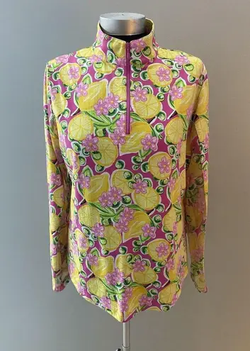 IBKUL Calista Hot Pink 1/4 Zip Shirt Large Yellow Lemons Mesh Long Sleeve UPF50+