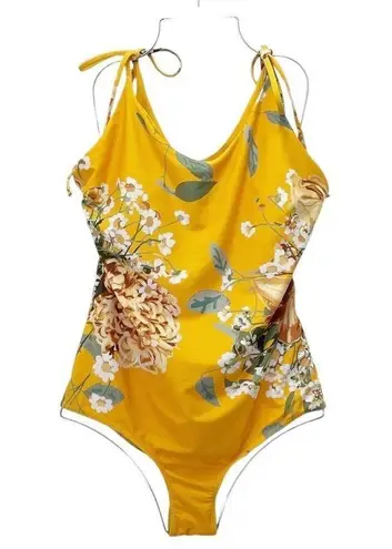 ALBION FIT The Natalie One Piece Swimsuit Size XXL Yellow Floral Shoulder Tie