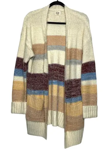 BiBi Fuzzy Eyelash Knit Stripe Cardigan Sweater Cream Open Front Size Large Blue - Image 1