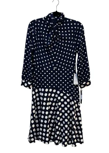Maggy London Navy White Polka Dot Print Dress in size 2 Navy Bone Twist Neck