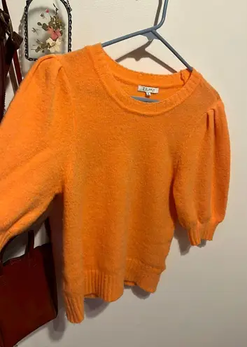 Nordstrom Bright Orange Sweater Skimming Linen-Blend Mock Neck Puff Sleeve Tee