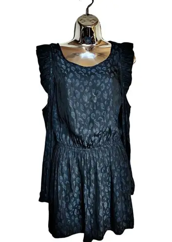 Avec Les Filles Romper Animal Print Black Teal Cold Shoulder Ruffle LS Small EUC