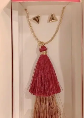 Lily Sky Tassel Necklace & Earring Set Gold & Pink