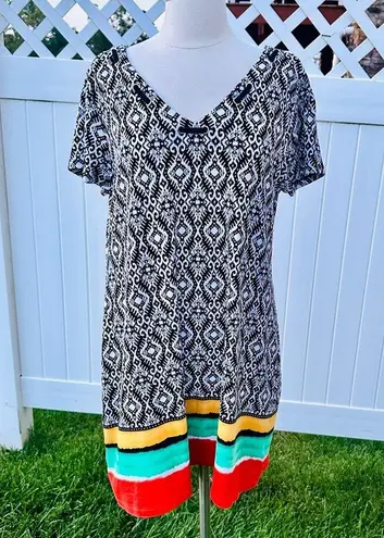 Rafaella Petite Dress Black and White design with yellow, green and red stripes