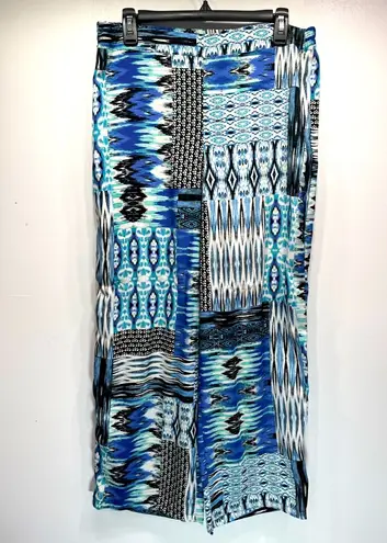 Turquoise Blue Patchwork Print Wide Leg Ankle Length Palazzo Pants Lightweight Size L