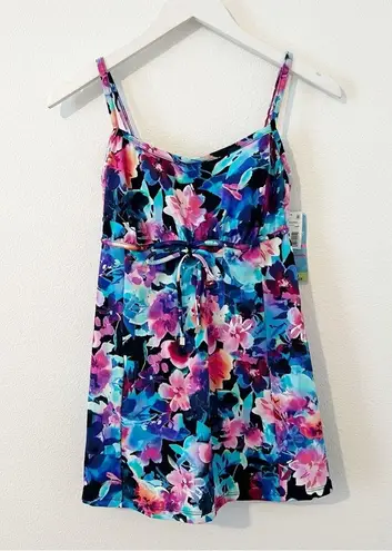 Swim Solutions Empire Waist Tummy Control Swimdress floral Swimsuit Size 8 NWT
