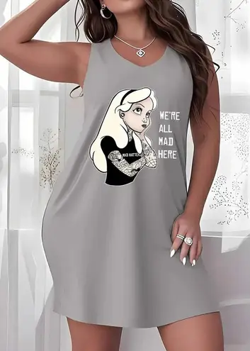 NWOT ~ Gray Sleeveless Alice In Wonderland Short Nightgown Nighty ~ Women's 2XL Size 2X