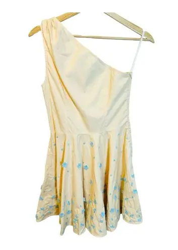 Fanm Mon Caroline Dress Size Small Butter Yellow Linen One Shoulder Embroidered