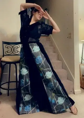 70s Chessa Davis quilt maxi skirt floral velvet Black Size M