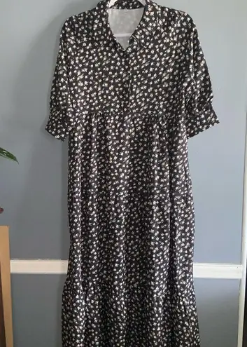 Prairie Midi Short Sleeve Flowy Peach & White Floral Black Button Front Dress L Size L