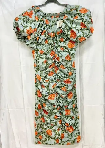 Agua Bendita Agua by Camelia Ruched Puff-Sleeve Midi-Dress Blue Green Women's M