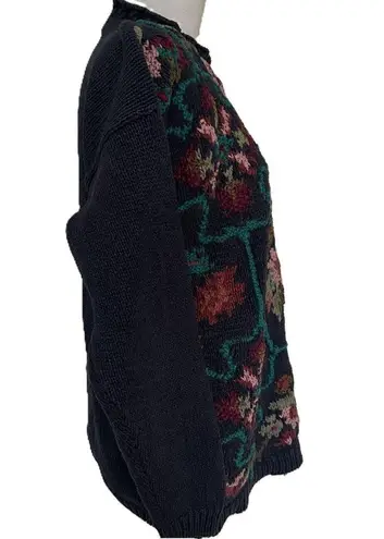 Vintage Floral Chunky Knit Sweater Blue Multi Crystal Kobe Size M Cotton Ramie Size M