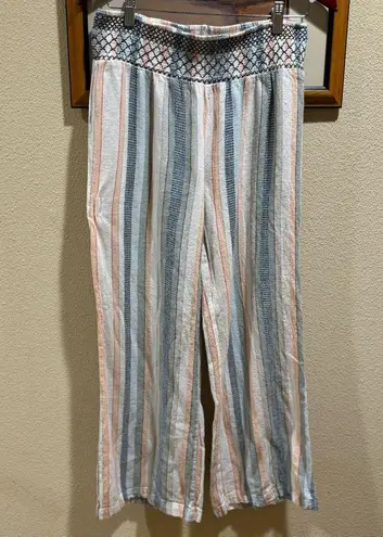 Indigo Rein  Womens Pull-On Pants Sz L Linen Blend Beachy Casual Striped Smocked