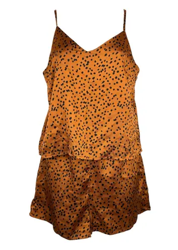 Crescent Silky Satin Pajama Cami Tank Shorts Set Loungewear Orange Black Small