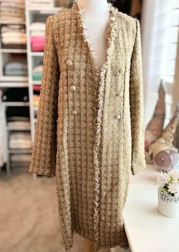 Elie Tahari Metallic Gold Tweed Long Coat Size Small NWT