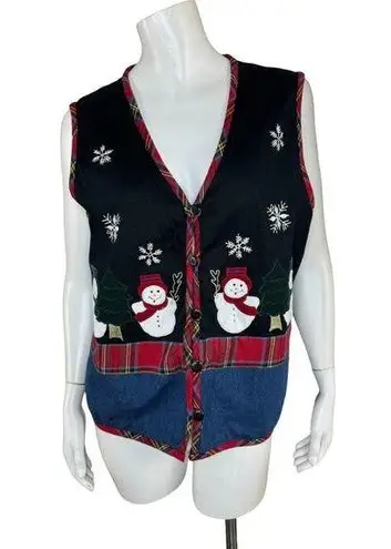 basic editions Holiday Vintage Button Front Snowman Vest Large V-Neck Winter