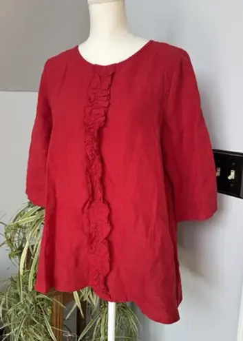Bryn Walker Red Linen Oversized Lagenlook Pullover Tunic Blouse Ruffle Small