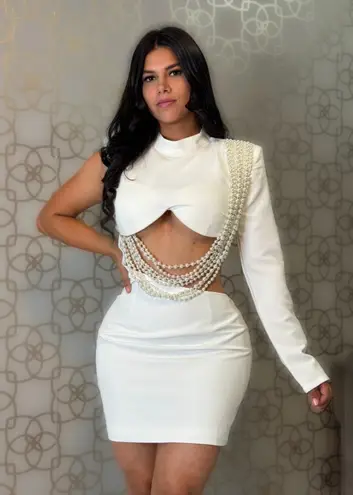 Boutique Blithe Mini White Dress Sexy Cutout PEARL Embellish Bride Bridal Party Club S