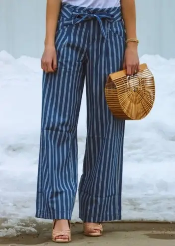 American Eagle  Women's Blue White Striped Wide Leg Paperbag‎ Pants Sz 8 NWOT