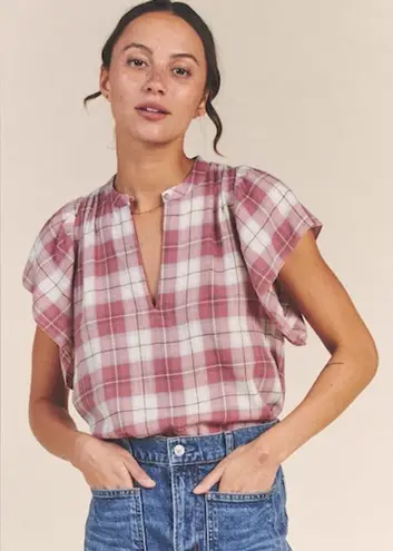 Birds of Paradise Trovata plaid short sleeve cotton top size medium Red