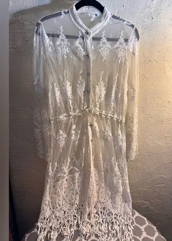 Lace Kimono by Given Kale crochet lace crystal buttons ribbon tie bohemian Y2K Size L